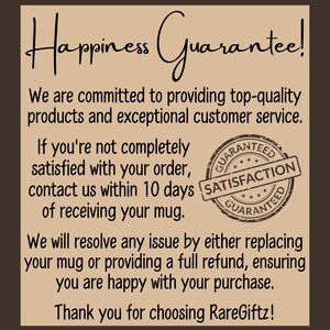 May include: A tan-colored graphic with the words "Happiness Guarantee!" in a handwritten font. The text promises top-quality products and customer service, with a satisfaction guarantee seal.