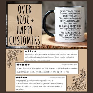 Puede incluir: Taza de caf&eacute; de cer&aacute;mica blanca con asa negra. La taza tiene una cita humor&iacute;stica sobre el env&iacute;o de correos electr&oacute;nicos. La taza est&aacute; sobre una superficie de madera. El texto en la taza dice: "Per my last email: In case you suddenly can't read. To reiterate: This is the last time I'm saying this. Moving forward: Don't try me again. Friendly reminder: Nah! It's unfriendly. This had to be done yesterday. Not sure if you've seen my last email: How long do you think you can ignore me?"