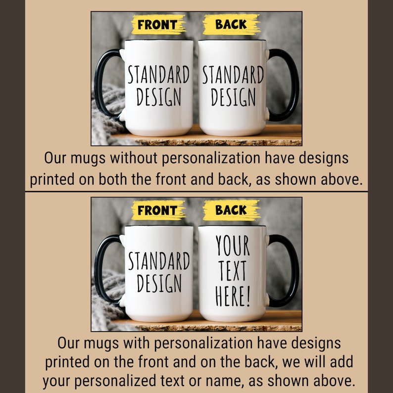 May include: Two white ceramic mugs with black handles. The mug on the left has the text "STANDARD DESIGN" printed on the front. The mug on the right has the text "STANDARD DESIGN" printed on the front. The mug on the right has the text "YOUR TEXT HERE!" printed on the back.