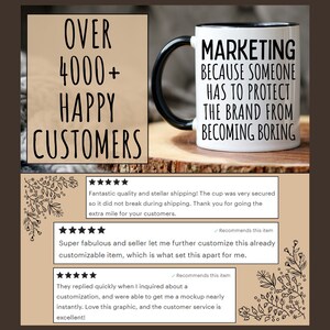 May include: White ceramic coffee mug with a black handle and black rim. The mug has black text that reads "Marketing because someone has to protect the brand from becoming boring". The mug is sitting on a wooden surface. There are five-star reviews below the mug.