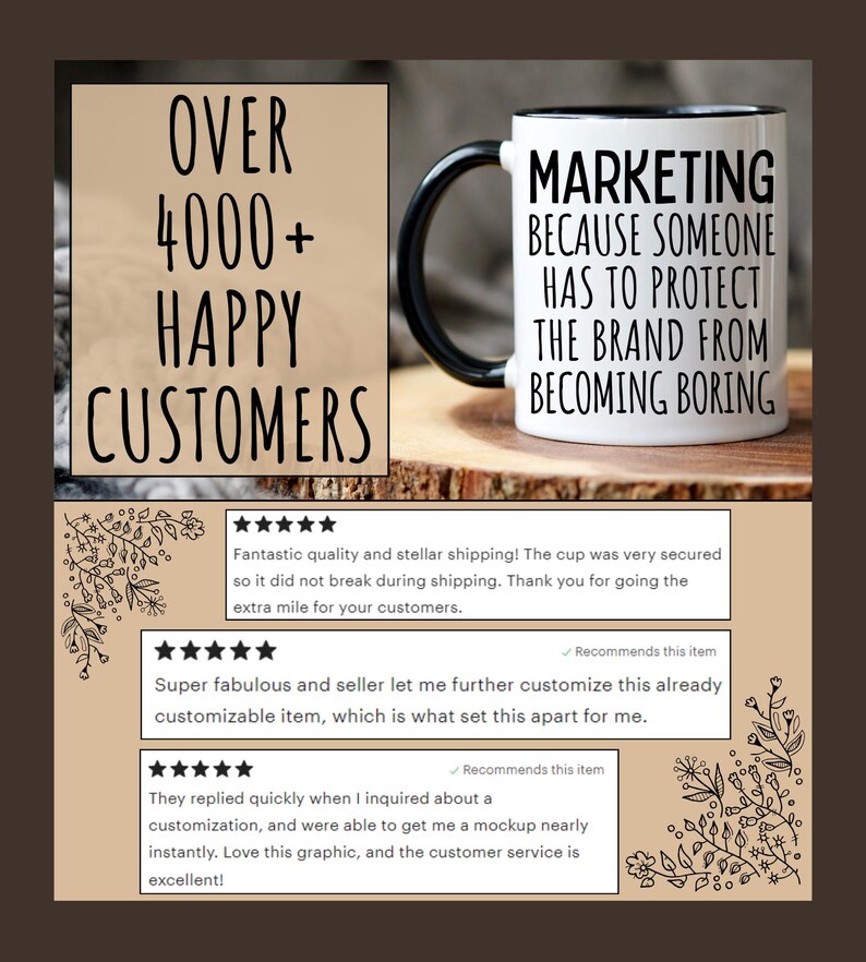 May include: White ceramic coffee mug with a black handle and black rim. The mug has black text that reads "Marketing because someone has to protect the brand from becoming boring". The mug is sitting on a wooden surface. There are five-star reviews below the mug.