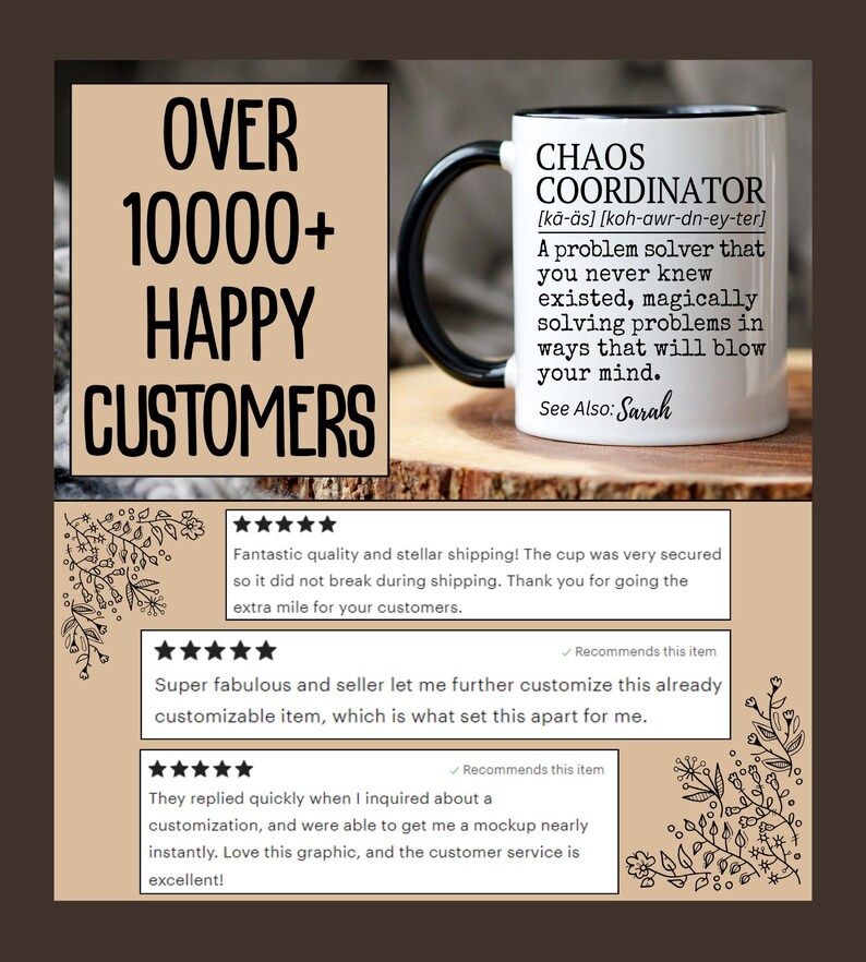 Puede incluir: Una taza de cer&aacute;mica blanca con asa y borde negros, con la inscripci&oacute;n "CHAOS COORDINATOR" y su definici&oacute;n. La imagen tambi&eacute;n muestra el texto "OVER 10000+ HAPPY CUSTOMERS".