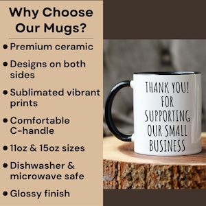 Puede incluir: Taza de cer&aacute;mica blanca con asa y borde negros, con el texto "THANK YOU! FOR SUPPORTING OUR SMALL BUSINESS". La taza est&aacute; sobre madera. Texto adicional destaca caracter&iacute;sticas como cer&aacute;mica premium.
