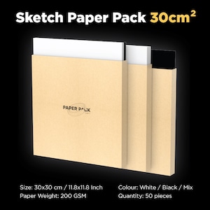 May include: A pack of 50 sketch paper sheets in white, black, and mixed colours. The paper is 30 cm x 30 cm (11.8 inches x 11.8 inches) and weighs 200 GSM.