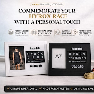 Puede incluir: Un marco blanco y negro para conmemorar la carrera HYROX. El marco blanco muestra una foto y detalles de la carrera, incluyendo "HYROX GENT" y un tiempo. El marco negro muestra "HYROX AMSTERDAM" y un tiempo. El texto dice "CONMEMORA TU CARRERA HYROX".