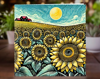 Sunflower Field Linocut Card, Floral Greeting Card