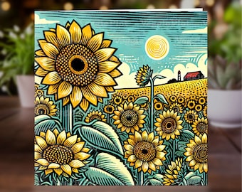 Sunflower Field Linocut Card, Birthday Greeting