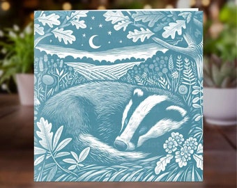 Sleeping Badger Linocut Greeting Card, Animal Card