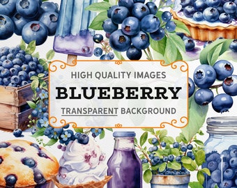Watercolor Blueberry Clipart Set: Muffin, Ice Cream, Juice (PNG Digital Download)