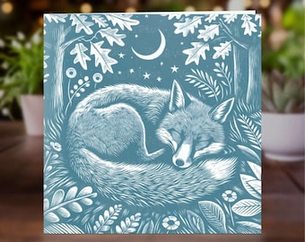 Sleeping Fox Linocut Greeting Card, Animal Card
