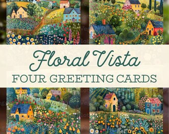 Cottage Garden Greeting Card, Floral Art, Blank Inside