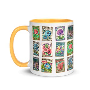 Floral Garden Mug, Vintage Seed Packet Design, Colorful Ceramic