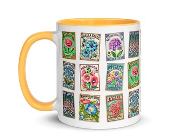 Floral Garden Mug, Vintage Seed Packet Design, Colorful Ceramic