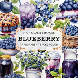 Blueberry Clipart - Pack 1 - Watercolour style, colourful, 300dpi PNG graphics, transparent background, instant download, commercial use.