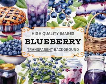 Watercolor Blueberry Clipart: 300dpi PNG Graphics (Digital Download)