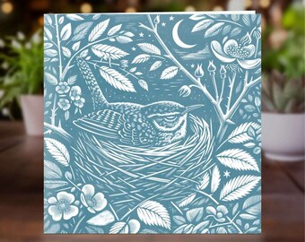 Wren Greeting Card, Bird in Nest