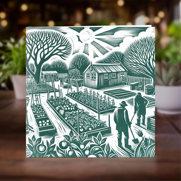 Allotment Greeting Card, Allotment Card, Allotment, Allotments, Garden Cards, Gardening, Gardening Card, Linocut Greeting Card, Linocut Card