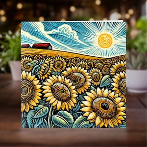 Sunflower Field Greeting Card, Linocut Art Print