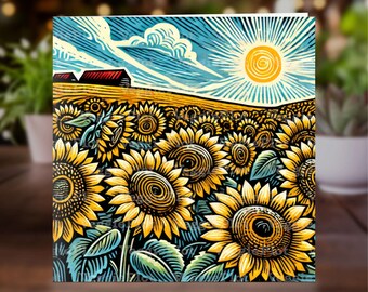 Sunflower Field Greeting Card, Linocut Art Print