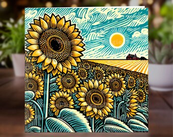 Sunflower Field Greeting Card, Floral Landscape Print