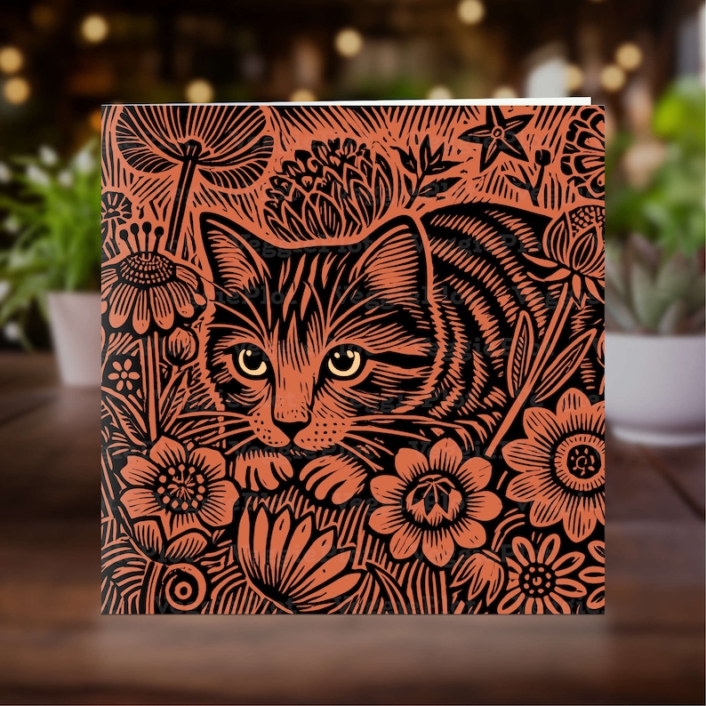 May include: A black and orange illustration of a cat with a floral background. The cat is depicted in a stylised, almost woodblock-like style. The flowers are in a variety of shapes and sizes, and the overall effect is one of whimsy and charm.