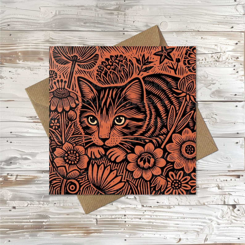 May include: A black and orange illustration of a cat with stripes, surrounded by flowers. The cat is looking directly at the viewer.