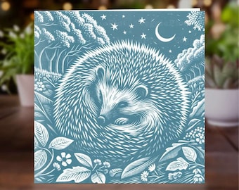 Sleeping Hedgehog Linocut Greeting Card, Wildlife Animal