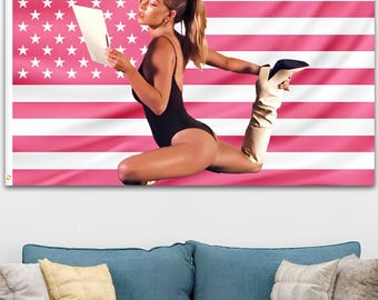 Tapiz con bandera rosa de Sydney Sweeney Sport, bandera rosa de EE. UU. de Sydney Sweeney, tapiz estético de chica sexy de Sydney Sweeney, pared con bandera rosa estadounidense