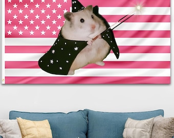 Funny Wizard Hamster American Flag Tapestry, Patriotic Wall Art, Cute Hamster Decor, 4th of July Room Decor Gift