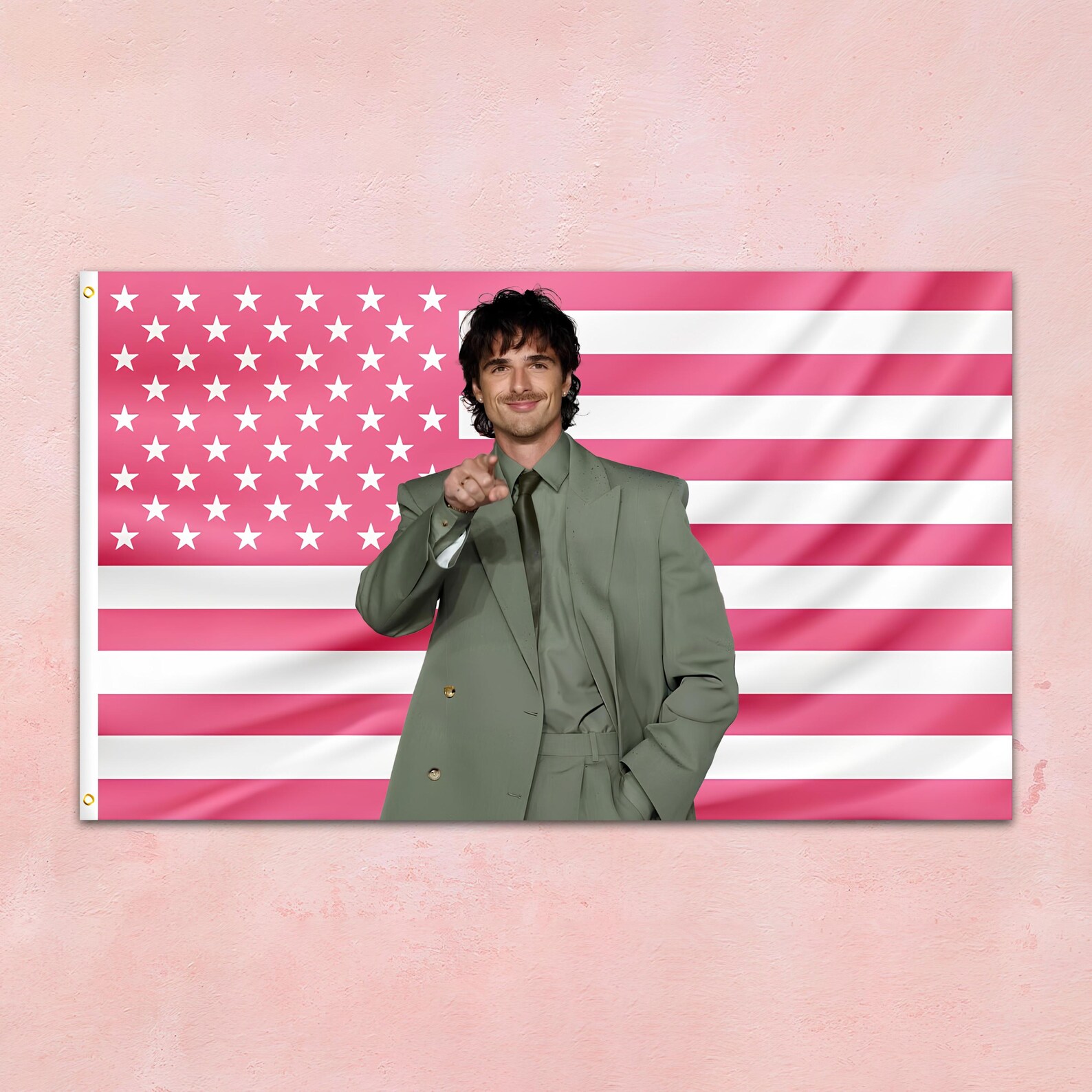 Jacob Rokas Flag Plus Jacob Elordi Green Suit Pink Flag Tapestry, Green Suit Man Wall Hanging ...