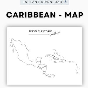 May include: A monochrome map of the Caribbean, featuring outlines of the islands and surrounding mainland. The title "CARIBBEAN - MAP" is in bold, black text. The phrase "TRAVEL THE WORLD Caribbean" is written in a smaller, elegant font.