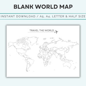 Blank Umriss der Welt, wo ich war, druckbare leere Weltkarte, Reisekarte, Bucketlist-Karte, Landschaft, 4 Größen, digitale Datei