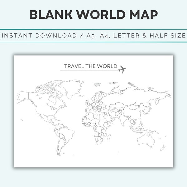 Blank outline map of the world, where i've been, printable blank world map, travel map, bucket list map, landscape, 4 sizes, digital file