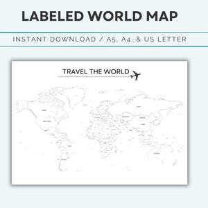 Printable World Travel Outline Map with Country Names: Color-In Tracker