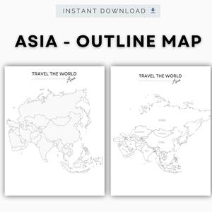 Può includere: Due stampe bianche con mappe dei contorni neri dell'Asia. Il testo "ASIA - OUTLINE MAP" è sopra le stampe. Il testo "TRAVEL THE WORLD Asia" è stampato su ogni mappa. Sono stampate anche le parole "INSTANT DOWNLOAD" e "RAA DIGITAL".
