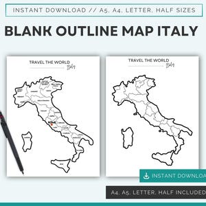 May include: Two white printable maps of Italy with black outlines, labelled with regions and cities. The text "BLANK OUTLINE MAP ITALY" is at the top. The phrase "TRAVEL THE WORLD Italy" is printed above the map. A black pen is on the left.
