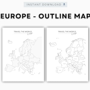 Könnte beinhalten: Zwei weiße Drucke mit schwarzen Umrisskarten von Europa. Der Text "EUROPE - OUTLINE MAP" steht oben. Die Drucke enthalten auch den Text "TRAVEL THE WORLD Europe". Die Karten zeigen die Grenzen der Länder.