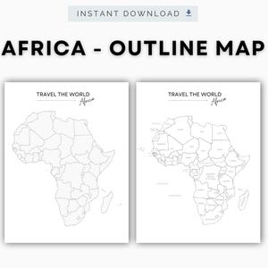 Può includere: Due stampe bianche con mappe schematiche dell'Africa. Il testo "AFRICA - OUTLINE MAP" è in alto, con "INSTANT DOWNLOAD" sopra. Ogni stampa ha il testo "TRAVEL THE WORLD Africa". La parte inferiore dell'immagine dice "RAA DIGITAL".