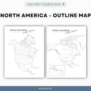 May include: Two white outline maps of North America. The maps are labeled "North America - Outline Map" and include the text "Travel the World". One map shows the continent's outline, and the other shows the countries.