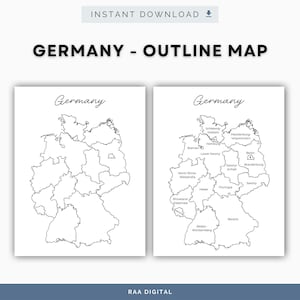 May include: Two black and white outline maps of Germany on a white background. The left map shows state borders, while the right map includes state names and the word Germany in script at the top. The text INSTANT DOWNLOAD and RAA DIGITAL appear.