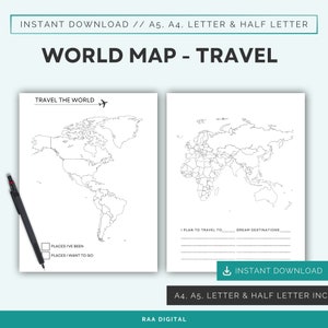 Blanko Umriss Weltkarte, Bucket List, Reisekarte für Familien, kleine Unternehmen Umsatz-Tracker, Sofort-Download PDF
