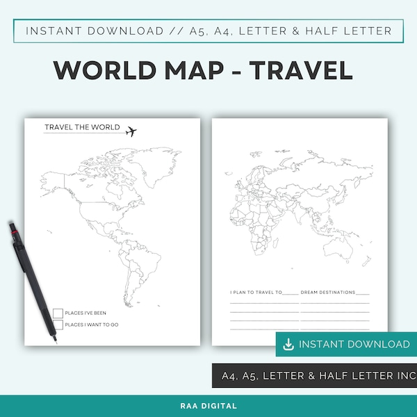 Blank outline world map printable, bucket list travel map, travel map for families, small business sales tracker, Instant download PDF