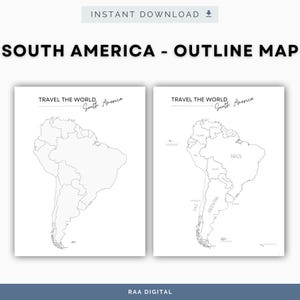 Tom konturkarta över Sydamerika, utskrivbar, märkta och tydliga versioner, resespårare, färgläggningskarta, digital nedladdning