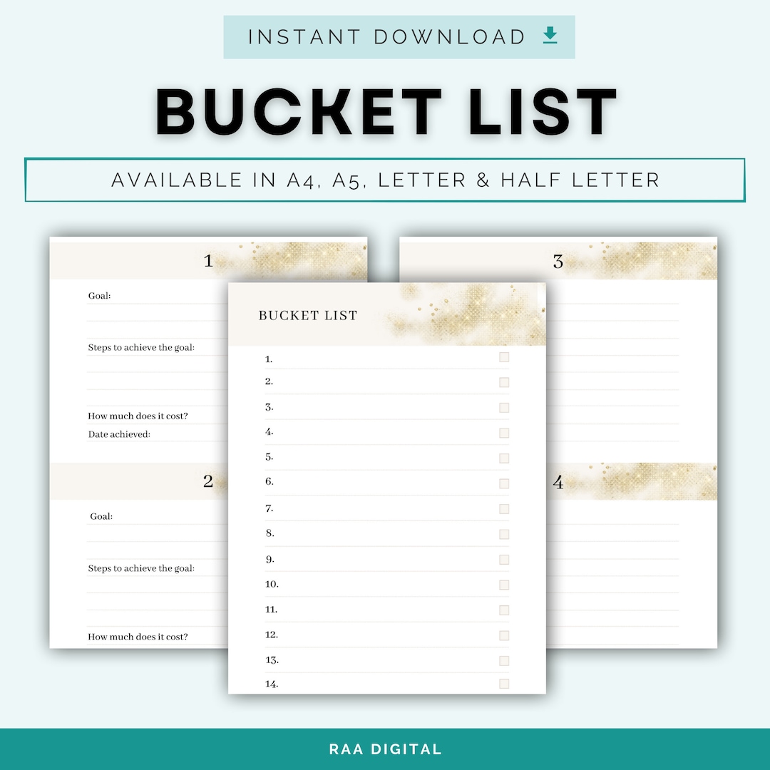 Bucket List Template, Printable Bucket List, Life Goals, 100 Things to