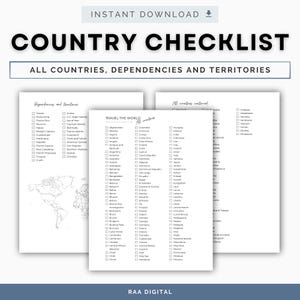以下が含まれることがあります： 「COUNTRY CHECKLIST」と「ALL COUNTRIES, DEPENDENCIES AND TERRITORIES」のテキストが入った、国のチェックリストのデジタルダウンロード。チェックリストには世界地図と国と地域のリストが含まれています。