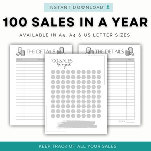 100 sales tracker, goal setting, progress tracker, yearly challenge, side hustle small business tracker, A4, A5, USletter, PDF download
