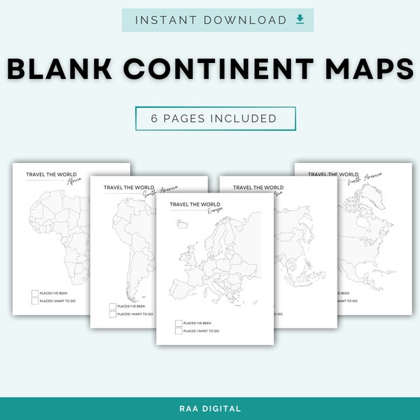Blank outline map of 6 continents, where i've been, printable outline map of the world, A4, A5, Letter & half letter, Instant download PDF