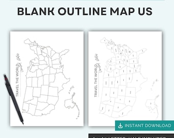 May include: Two printable blank outline maps of the United States, showing state borders. The maps are labeled "Travel the World, United States". The text "Instant Download // A5, A4, Letter, Half Sizes" and "Blank Outline Map US" appears at the top of the image. The text "A4, A5 Letter, Half Included" and "Raa Digital" appears at the bottom of the image.