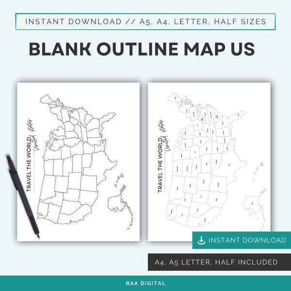 Blank outline map united states, color in the states, US states sales map, travel map of all us states, instant download PDF, 4 sizes