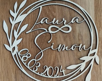 Wedding cake topper with names + date